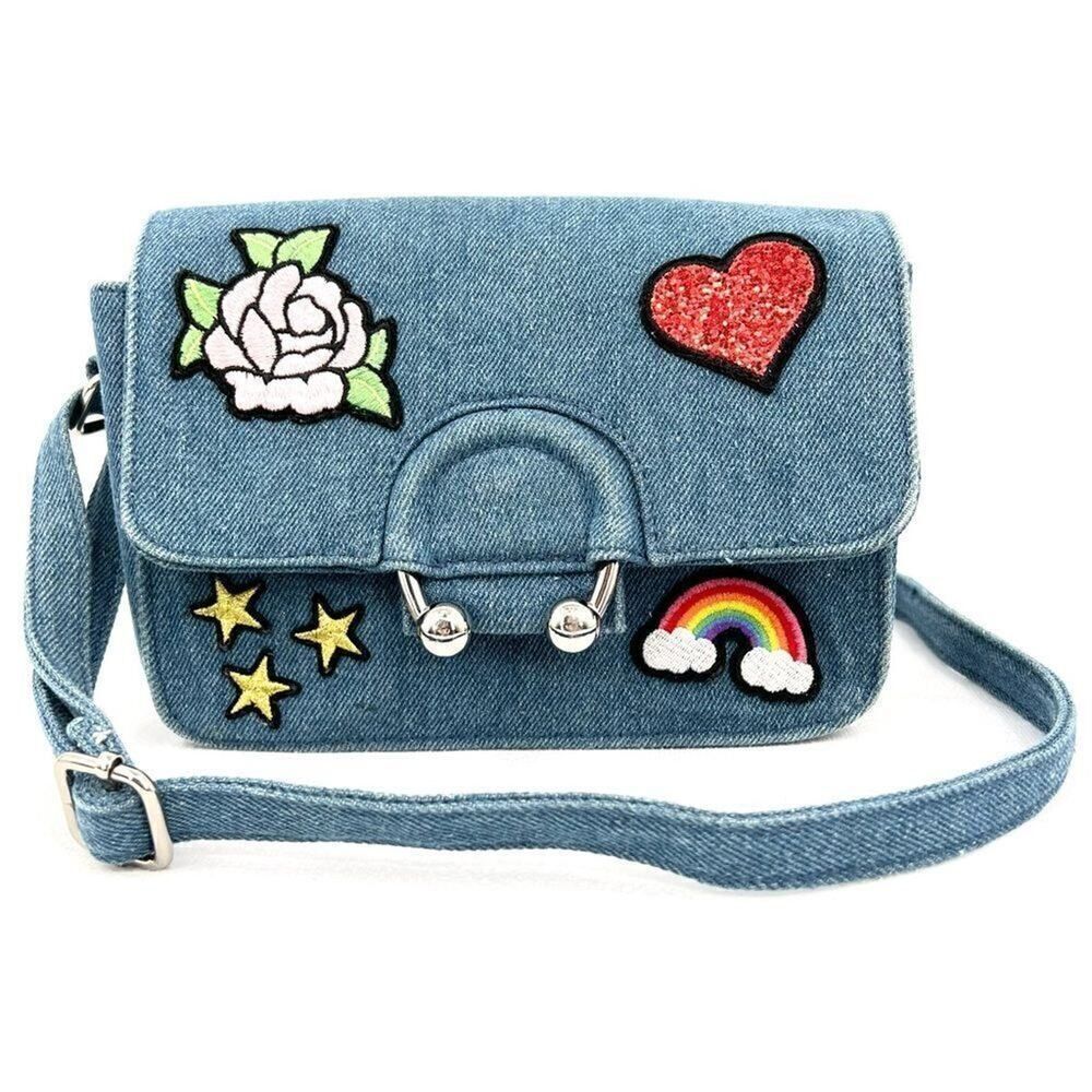 No Boundaries Denim Ring Heart Rose Rainbow Patch Embroidered Crossbody Handbag